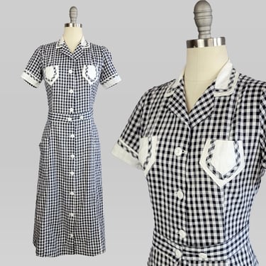 1940s Waitress Uniform / Black & White Gingham Dress / 1940s Uniform / Vintage Waitress Dress / Size Small  Medium 