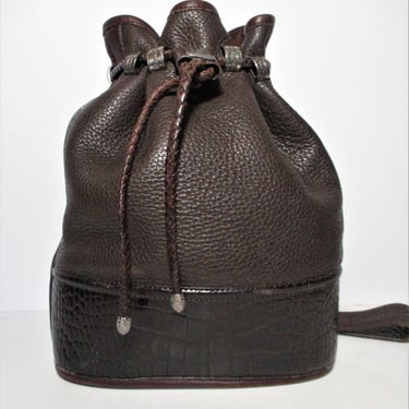 Vintage Brighton Leather Sling Bag, Black Pebble Grain Leather Shoulder Bag, Brown Mock Croc Trim, Boho Bucket Purse 