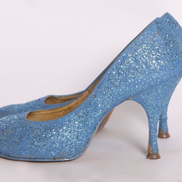 1950s Blue Glitter Stiletto High Heel Pump Shoes by Kay King -Size 6 1/2 