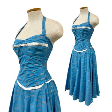 Vtg Vintage 1950s 50s Cole California Metallic Fish Block Print Cotton Sun Dress 