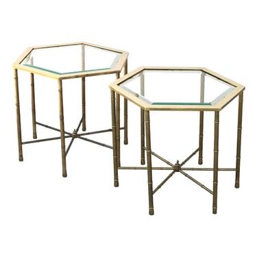 Authentic Pair Of Vintage Mastercraft Hexagonal Faux Bamboo Brass End Accent Tables 