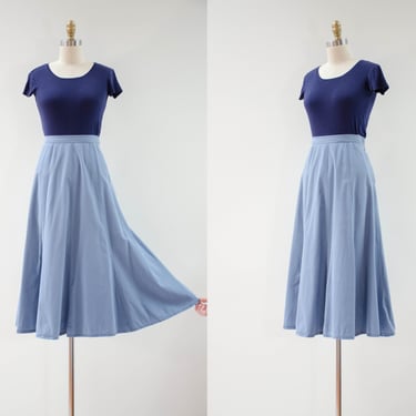 light blue cotton skirt | 80s 90s vintage dusty French blue cottagecore academia style fit and flare skirt 