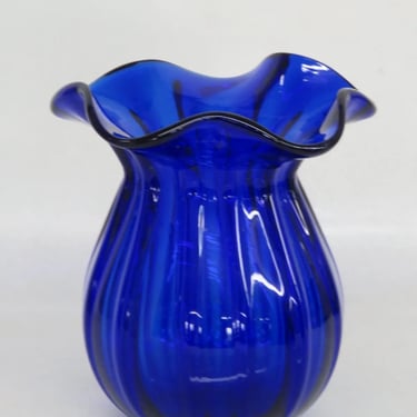 Mid Century Modern Glass Small Cobalt Blue Ribbed Ruffle Edge Vase 3134B