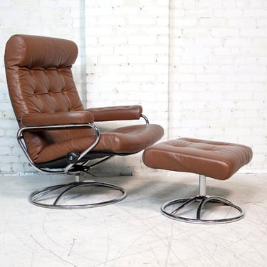 Vintage mcm Norwegian ECORNES brown leather recliner lounge chair with ottoman | Free delivery in NYC and Hudson valley areas 
