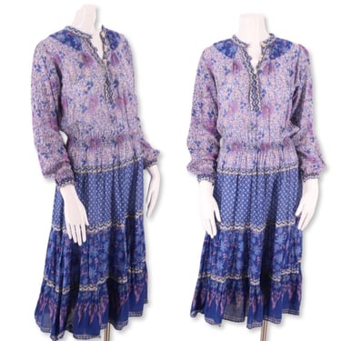 70s KAISER India print peasant dress S , vintage 1970s purple blue tissue cotton dress, block print hippy festival dress caftan  sz Small 