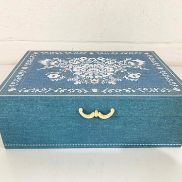 Vintage Blue Jewelry Box Faux Denim Velvet Lining Country Farmhouse Case Vanity Retro Storage Turquoise 1970s 