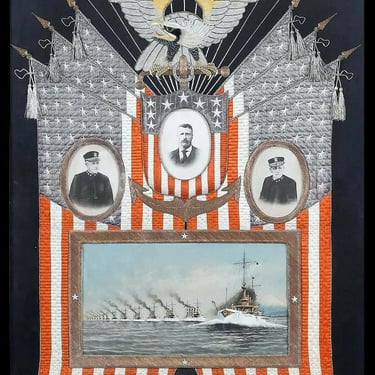 Japanese Antique Textile Panel Of American Historical Great White Fleet