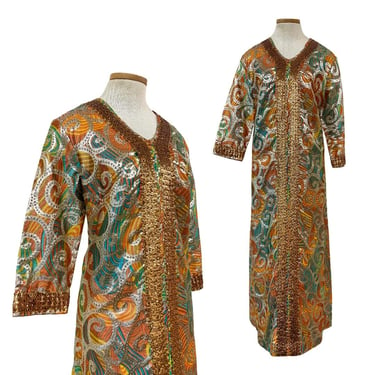 Vtg 70s 1970s Rainbow Metallic Silver Sequin Boho Glam Floor Length Maxi Caftan 