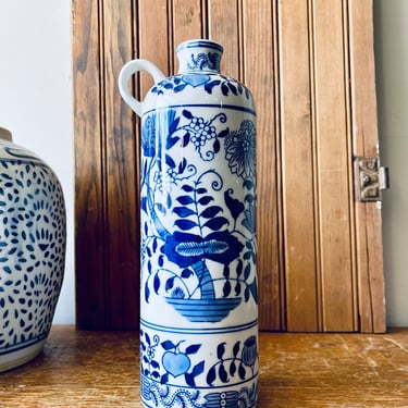Tall Blue + White Chinoiserie Vase | Tall Blue + White Bottle | Chinese Asian British Colonial | Vintage Pottery Collectible 