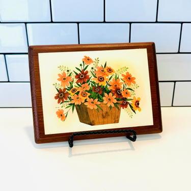 Vintage 1970s Floral Artwork on Wood Block, Flowers in Basket Artwork, Vintage Artwork 