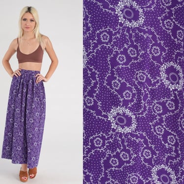 70s Floral Skirt Midi Purple Boho High Waisted Flower Print 1970s Bohemian Hippie Festival Ankle Length Vintage Retro 2xs xxs 