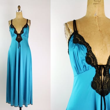 70s Miss Elaine Turquoise and Black Lace Slip Dress / Vintage Slip/ Nightgowns / 70s Slips / Size S/M 