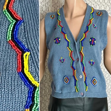Vivid Beaded Knit Vest, Tribal Pattern, Sleeveless Top, Southwestern Button Down, Vintage 90s 