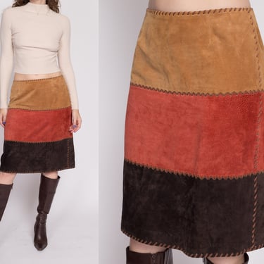 M| 90s Boho Patchwork Suede Midi Skirt - Medium | Vintage Bagatelle Knee Length Color Block Striped Leather Skirt 