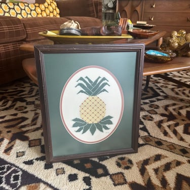 Vintage Pineapple Framed Cross Stitch - Signed MJ 16” x 14” - Embroidery Art 