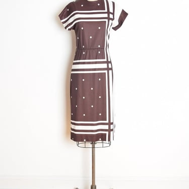 vintage 70s dress brown white geometric print mod secretary midi dress M clothing polka dot 