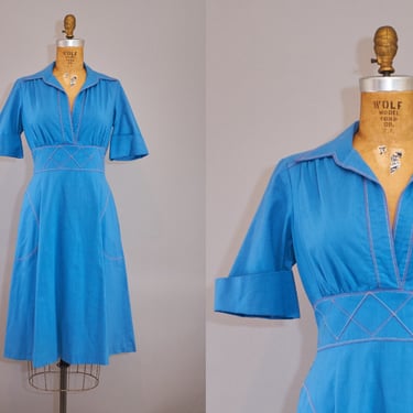 Vintage 70s Peasant Dress Blue Cotton Medium 