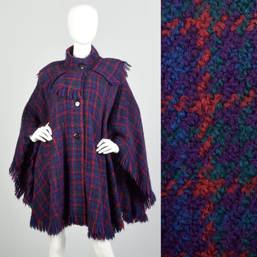 OSFM 1980s Jewel Tone Plaid Wool Poncho Woven Textile Wrap Long Cape 