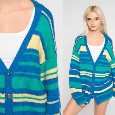 70s Striped Cardigan Retro Button Up Sweater Blue Green Yellow Knit Slouchy Grandpa Sweater Boho Seventies Knitwear Vintage 1970s Mens Large 