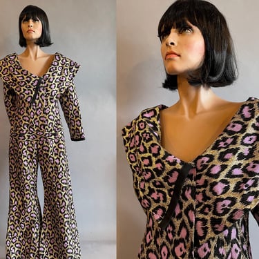 1960s Leopard Print Jumpsuit / Metallic Jumpsuit / Glam Rock Jumpsuit / Size Large Size Extra Large 