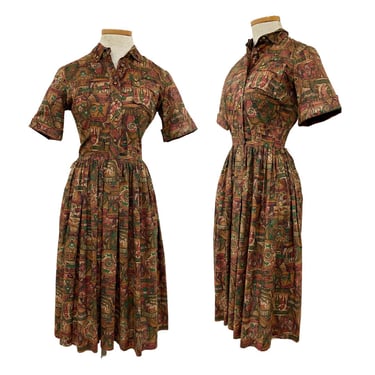 Vtg Vintage 1950s 50s 1960s 60s Stepford Wife Brown Mad Men Novelty Shirt Dress 