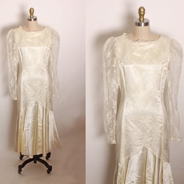 1980s Champagne Cream Off White Lace and Satin Sheer along Sleeve Mermaid Wedding Dress -S 