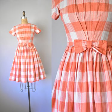 Faye tangerine plaid 1960s dress,  cotton dress, vintage dresses for women, , cottagecore summer dress 