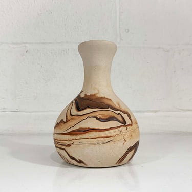Vintage Nemadji Art Pottery Vase Swirl Handmade USA Flower Brown Swirl Vanity Mid-Century Modern White Beige 1970s 