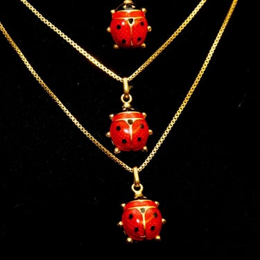 Vintage Italian 14K Gold Enamel Puffed Ladybug Charms, Colorful Enameled Gold Pendants, Cute 585 Charm Bracelet Accessories, 7/8&quot; L 