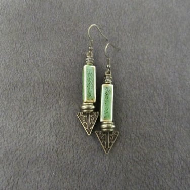 Bohemian earrings, etched bronze and ceramic earrings, green 