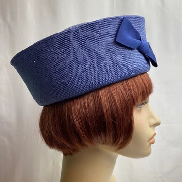 Vintage sailor inspired hat Tall viscose woven straw women’s boater periwinkle blue summer sailing hat Laura Ashley nautical style big bow 