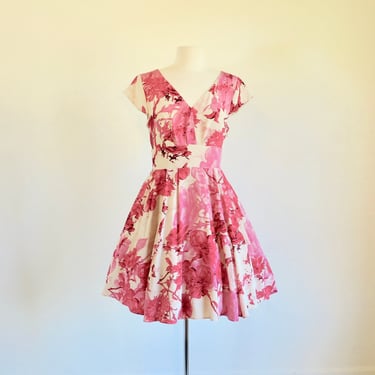 1950's Style Pink and Magenta Floral Silk Fit and Flare Dress Full Skirt Cocktail Party Rockabilly Swing Spring Summer Ted Baker Size Large 