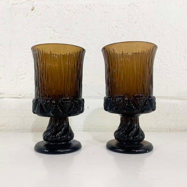 Vintage Fostoria Sorrento Set of 2 Small Glasses Goblet Tiffin Madeira Franciscan Brown Smokey Heavy Glass Bark Pedestal 1960s 