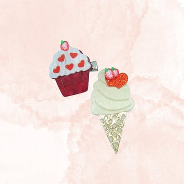 Cupcake & Ice Cream Hair Clip Set - Cute Food Barrettes - Acrylic Cake and Cone Clips 