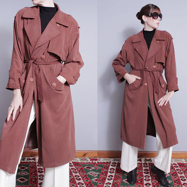 Vintage 1990's | Brown | Silk | Trench | Overcoat | Unisex | Coat | SML 