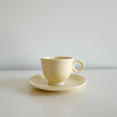 Fiesta Old Ivory Cream Dinnerware: Ring Pedestal Tea Cups & Saucers by Homer Laughlin Fiestaware USA Vintage 1930s 