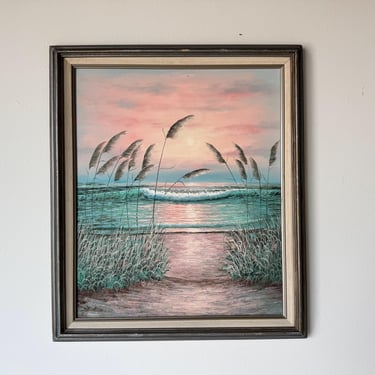 Vintage Impressionist Beach Seascape Sunset Oil Painting, Framed 