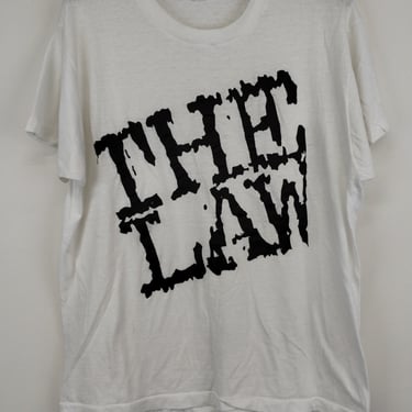 S 80s Screen Stars The Law Band T-Shirt Small Paper Thin PolyCotton White 1980s 1990s Joke Dad Grandpa Humor Trendy 5050 