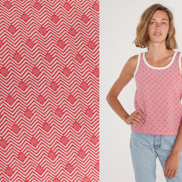 70s Tank Top Red White Ringer Tee Geometric Print Sleeveless Shirt Retro T-Shirt Seventies Sporty Summer Vintage 1970s Small xs 