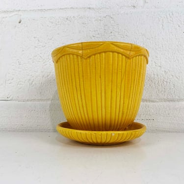 Vintage McCoy Planter Sunshine Yellow Mustard Butter Brush Attached Saucer Mid-Century Pottery Pot Made in the USA 1950s 50s 