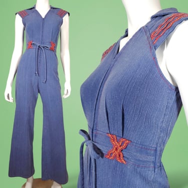 1970s crinkled gauze jumpsuit boho hippie vintage faded blue nubby fabric embroidered ric rac cap sleeves elastic waist zip up (34 bust) 