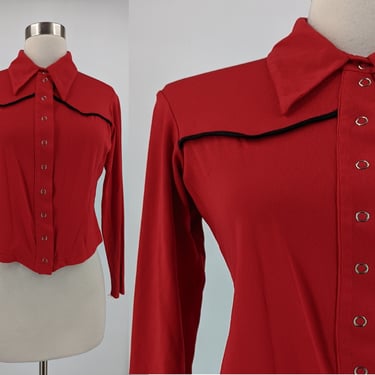 Betsey Johnson 2000 Y2K Red Rayon Stretch Long Sleeve Western Snap Blouse Size 10 - FLAWS 