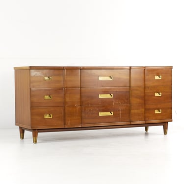 John Widdicomb Mid Century Walnut and Brass 9 Drawer Lowboy Dresser - mcm 