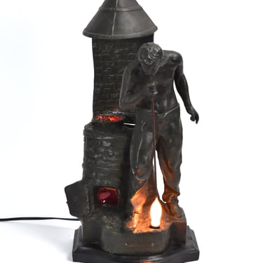 1920’s French Social Realist Spelter Bronze Figural Glassblower Gaffer Lamp 