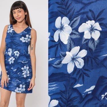 Blue Hawaiian Dress Y2k Tropical Mini Dress Floral Island Palm Tree Print Sundress Beach Sleeveless Summer Day Vintage 00s Extra Small xs 