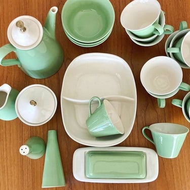 jadeite green and white coffee pot cream and sugar cups butter dish 26 piece set vintage china 