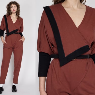 Small 80s Rust Asymmetric Collar Jumpsuit | Vintage Collared Batwing Sleeve Tapered Leg Pantsuit 