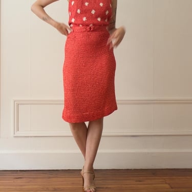 1950s Dotted Coral Red Ribbon Knit Wiggle Dress 