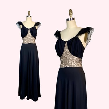 Vintage 1930s 1940s Illusion Lace Gown Peekaboo Black Rayon Lingerie Dress 