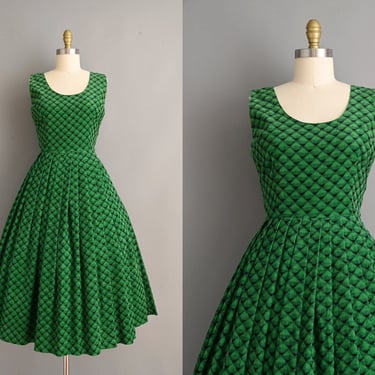 Vintage 1950s Dress | Vibrant Green Black Diamond Corduroy Full Skirt Spring Dress | Medium 